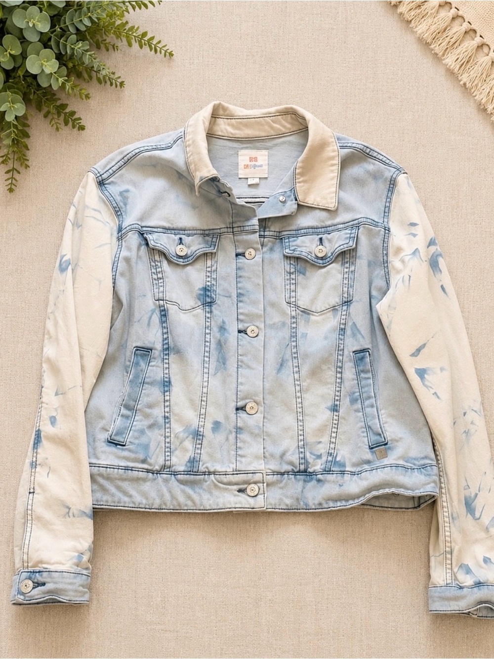 LuLaRoe Light Wash Denim Jacket Large Mixed Media Printed Sleeve Jean Jacket